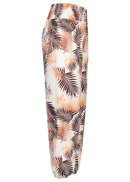Cloud5ive Damen Sommer Hose mit Tropical All-Over-Print off-white weiss