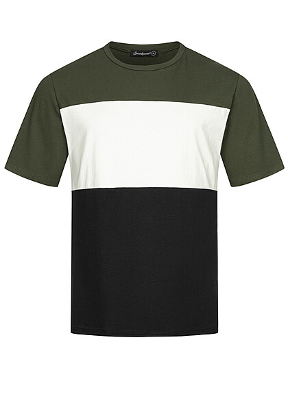 Seventyseven Lifestyle Herren Colorblock Rundhals T-Shirt oliv grn weiss schwarz - Art.-Nr.: 23036812