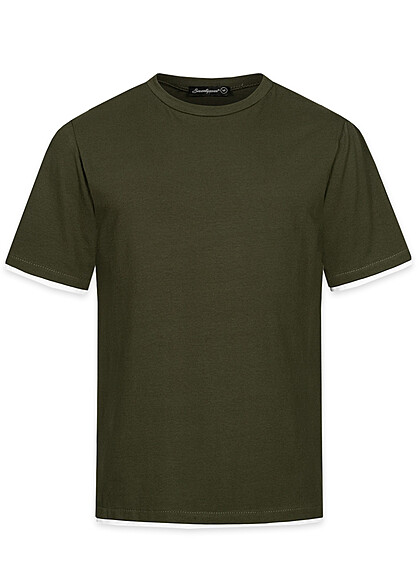 Seventyseven Lifestyle Herren Kontrast T-Shirt 2in1-Optik oliv grün weiss - Art.-Nr.: 23036815