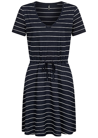 ONLY Dames NOOS Mini-jurk met strikdetail en V-hals gestreept marineblauw wit - Art.-Nr.: 23040003