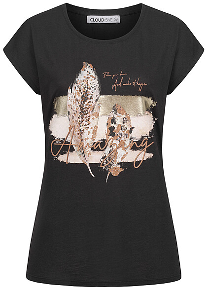 Cloud5ive Dames T-shirt met verbazingwekkende verenprint zwart