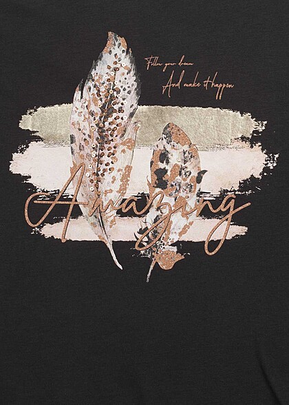 Cloud5ive Dames T-shirt met verbazingwekkende verenprint zwart