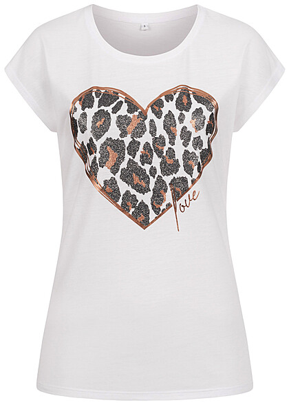 Cloud5ive Dames Leo Print Hart T-Shirt met Glitter Details wit