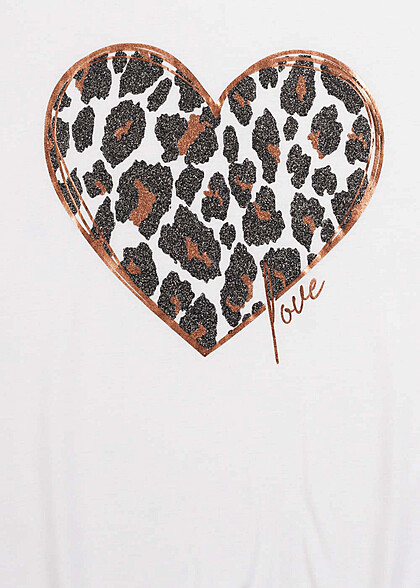 Cloud5ive Dames Leo Print Hart T-Shirt met Glitter Details wit