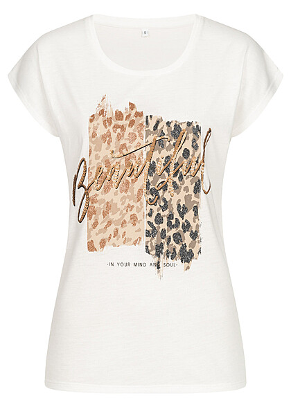 Cloud5ive Dames Mooi T-shirt met Leo print en koperen details wit