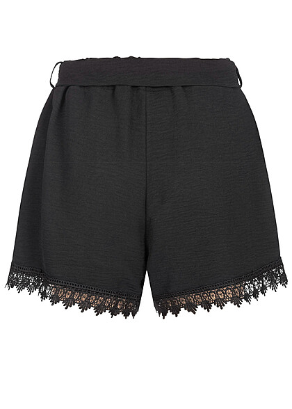 Cloud5ive Damen Musselin Shorts mit Spitzendetails und Bindegrtel schwarz