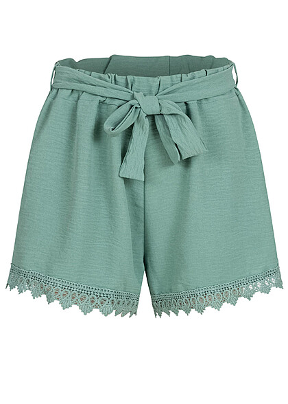 Cloud5ive Damen Musselin Shorts mit Spitzendetails und Bindegürtel grün - Art.-Nr.: 23056019