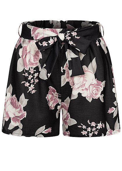 Cloud5ive Dames Mousseline short met bloemenprint en bindceintuur zwart - Art.-Nr.: 23056021