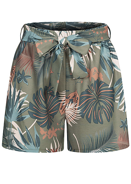 Cloud5ive Dames Mousseline short met tropische print en bindceintuur militair groen