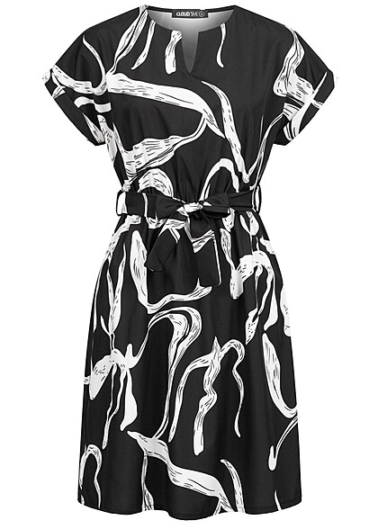 Cloud5ive Damen T-Shirt-Kleid mit V-Neck und Bindegürtel Abstrakt Print schwarz-weiss - Art.-Nr.: 23056040