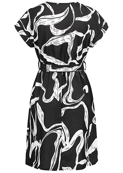 Cloud5ive Damen T-Shirt-Kleid mit V-Neck und Bindegrtel Abstrakt Print schwarz-weiss