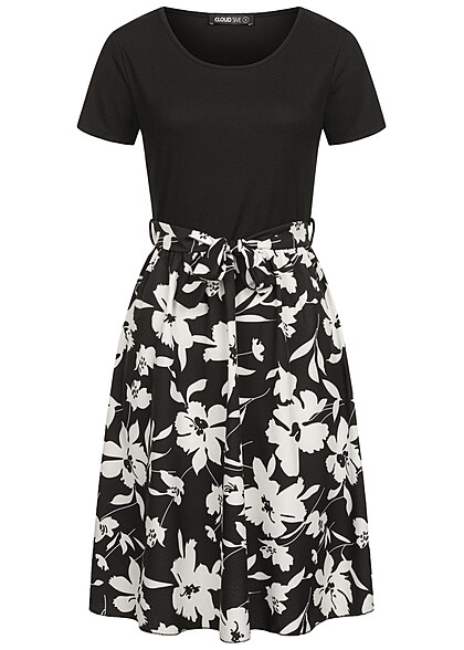 Cloud5ive Dames T-shirt jurk 2-tone met bloemenprint zwart multicolour - Art.-Nr.: 23056046