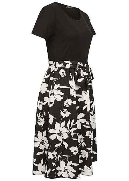 Cloud5ive Damen T-Shirt-Kleid 2-Tone mit Floralem Print schwarz weiss