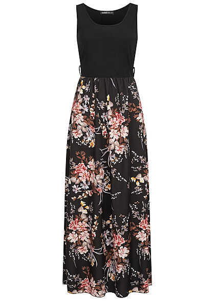 Cloud5ive Damen Maxi-Kleid mit Rundhals und Blumenprint schwarz multicolor
