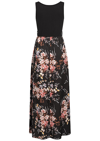 Cloud5ive Damen Maxi-Kleid mit Rundhals und Blumenprint schwarz multicolor