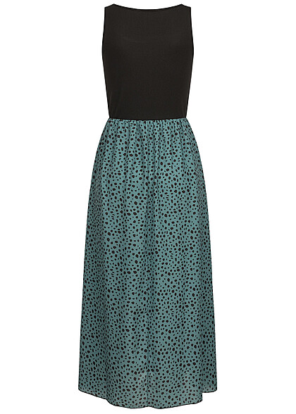 Cloud5ive Damen Maxi-Kleid Rundhals mit Punkt Print schwarz grün