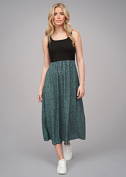 Cloud5ive Damen Maxi-Kleid Rundhals mit Punkt Print schwarz grün