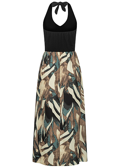 Cloud5ive Damen Neckholder Maxi Kleid mit abstrakten AOP schwarz