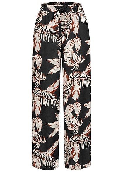 Cloud5ive Damen Viskose Sommer Hose mit Bndchen und Palmen Print schwarz