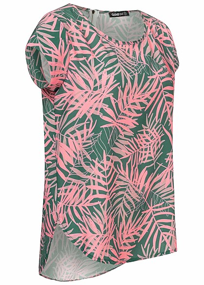 Cloud5ive Damen Struktur Blusen Shirt mit Zipper hinten Palmenprint grn pink