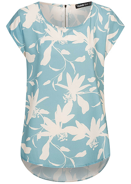 Cloud5ive Damen Struktur Blusen Shirt mit Zipper hinten Floraler Print hell blau