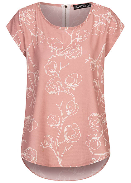 Cloud5ive Damen Struktur Blusen Shirt mit Zipper hinten Floraler Print rosa