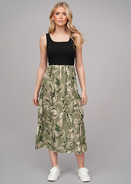 Cloud5ive Damen Maxi-Kleid 2-Tone mit Palmen Print schwarz grn