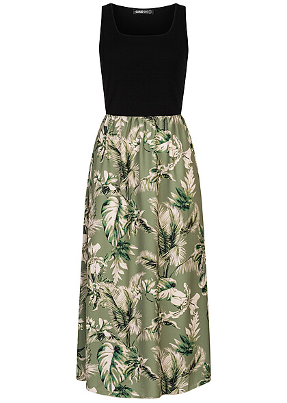 Cloud5ive Damen Maxi-Kleid 2-Tone mit Palmen Print schwarz grn