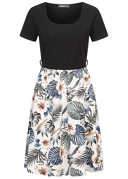 Cloud5ive Damen T-Shirt-Kleid 2-Tone mit Grtelschlaufen Botanical Print schwarz beige