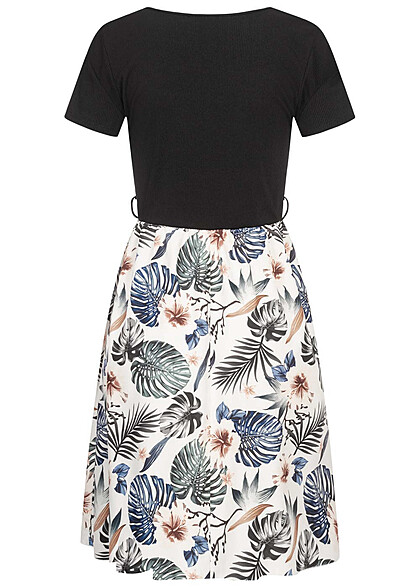 Cloud5ive Damen T-Shirt-Kleid 2-Tone mit Grtelschlaufen Botanical Print schwarz beige