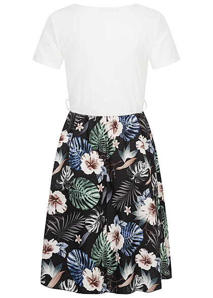 Cloud5ive Damen T-Shirt-Kleid 2-Tone mit Grtelschlaufen Botanical Print weiss schwarz