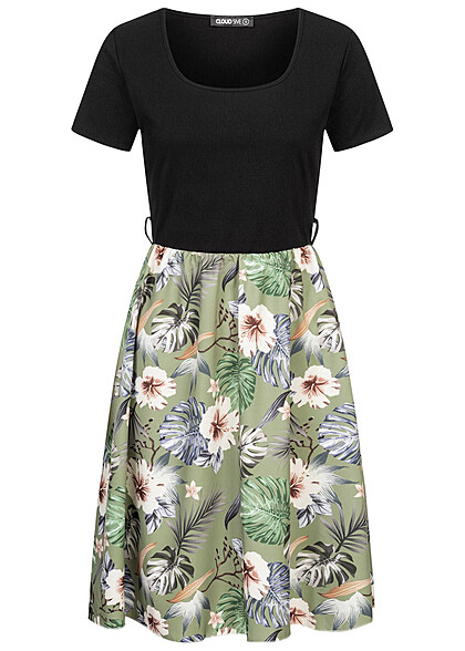 Cloud5ive Damen T-Shirt-Kleid 2-Tone mit Grtelschlaufen Botanical Print schwarz grn
