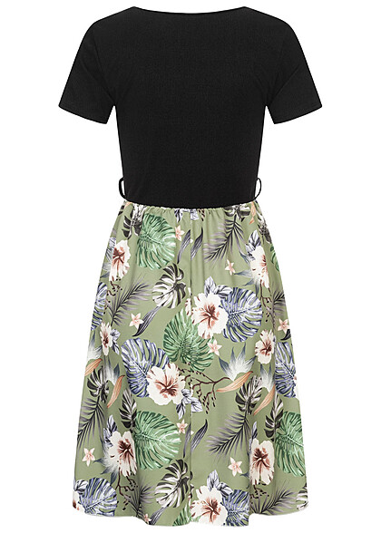 Cloud5ive Damen T-Shirt-Kleid 2-Tone mit Grtelschlaufen Botanical Print schwarz grn