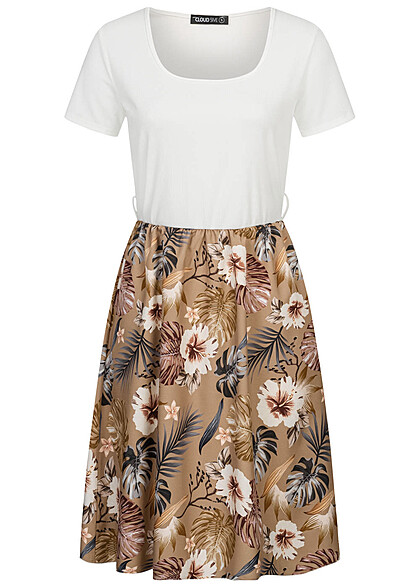 Cloud5ive Damen T-Shirt-Kleid 2-Tone mit Grtelschlaufen Botanical Print weiss braun
