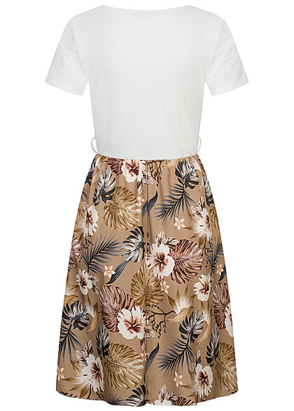 Cloud5ive Damen T-Shirt-Kleid 2-Tone mit Grtelschlaufen Botanical Print weiss braun