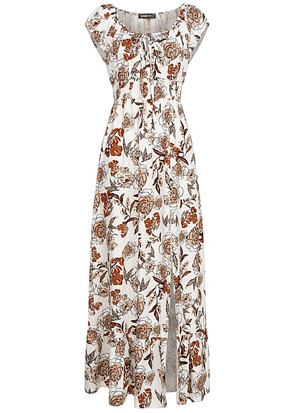 Cloud5ive Damen Maxi Kleid mit Schlitz und Knotendetail Blumen Print weiss braun