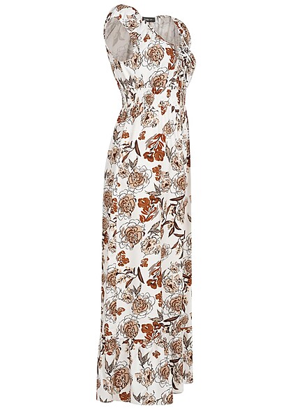 Cloud5ive Damen Maxi Kleid mit Schlitz und Knotendetail Blumen Print weiss braun
