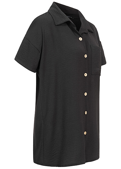Cloud5ive Damen Musselin Kurzarm Hemd mit Knopfleiste und Brusttasche schwarz