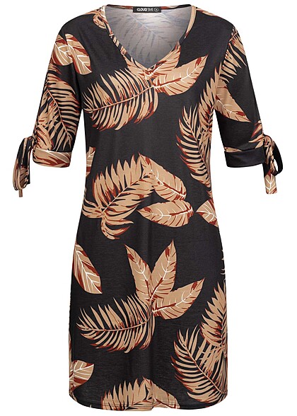 Cloud5ive Damen V-Neck Kleid mit Bindedetails an den rmeln Palmen Print schwarz beige