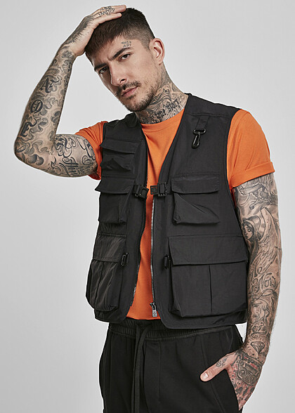 Urban Classics Heren Tactisch vest met ritssluiting en zakken zwart