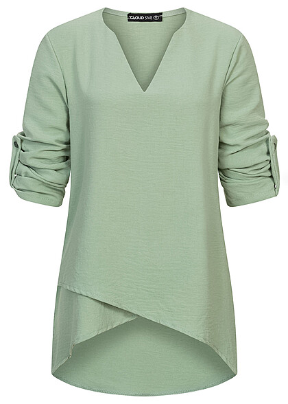 Cloud5ive Dames Blouse met V-hals en omslagmouwen groen