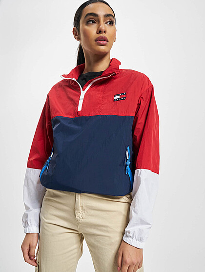 Tommy Jeans Damen Colorblock Windbreaker Jacke mit Zipper und 2-Zip-Pockets rot blau