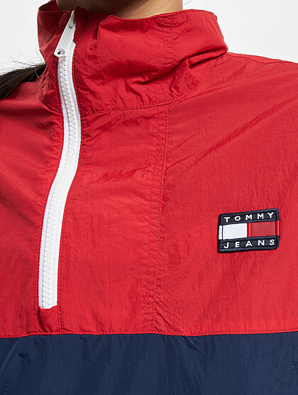 Tommy Jeans Damen Colorblock Windbreaker Jacke mit Zipper und 2-Zip-Pockets rot blau