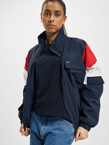 Tommy Jeans Damen Colorblock bergangsjacke mit Zipper und Brusttaschen navy blau