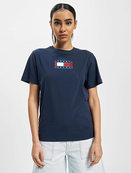 Tommy Jeans Damen T-Shirt mit Rundhals und Logo Stitch navy blau