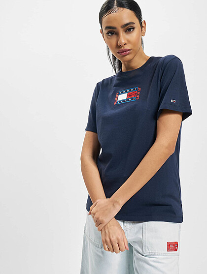 Tommy Jeans Damen T-Shirt mit Rundhals und Logo Stitch navy blau