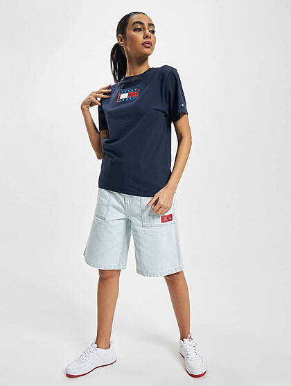 Tommy Jeans Damen T-Shirt mit Rundhals und Logo Stitch navy blau