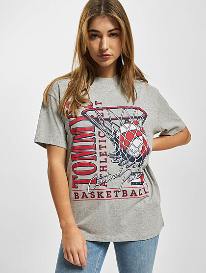 Tommy Jeans Damen Oversized T-Shirt mit Basketball Print und Rundhals grau