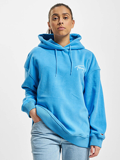 Tommy Jeans Damen Fleece Hoodie mit Tunnelzug und Signature Stitch blau