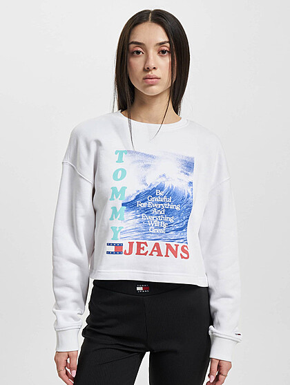 Tommy Jeans Damen Cropped Sweater Pullover mit Rundhals und Wellen Print weiss